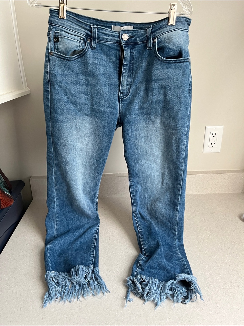 KanCan Medium Blue Fringe Hem Wide Leg Jeans